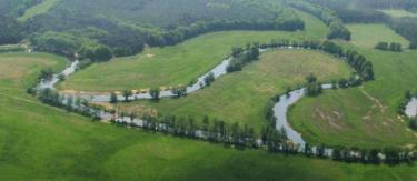 Reconnected meander Mönchwinkel II: The former main channel was blocked by a gravel dam (left side at the picture) to redirect all flow through the new meander; the remaining old main stem stretch serves as new flow protected habitat.